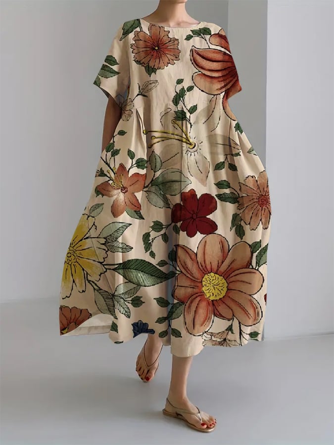 Mette® | Retro Botanisk Blomsterdesign Trykt Casual Løs Kjole