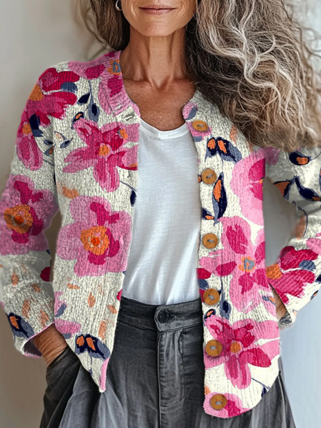 Stefanie® | Vintage-Blomsterkunst-tryk Knap-Cardigan Pullover