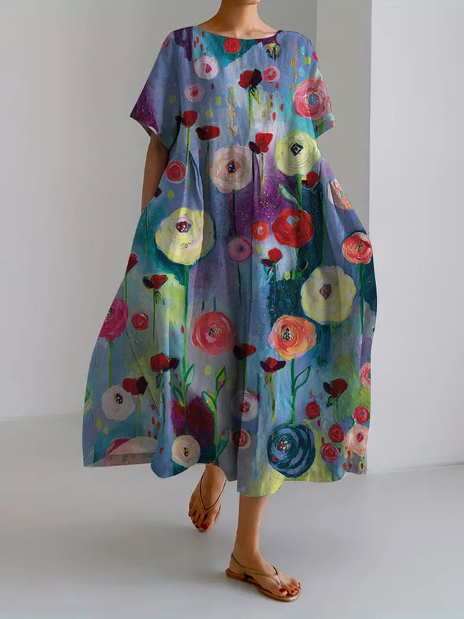 Dorthe® | Kunst Ol Maleri Design Casual Løs Kjole (Med Lommer)
