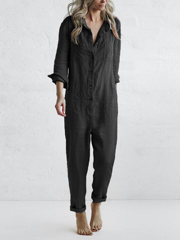 Kirstine® | Knaplukning Casual Jumpsuit med Krave og Lommer