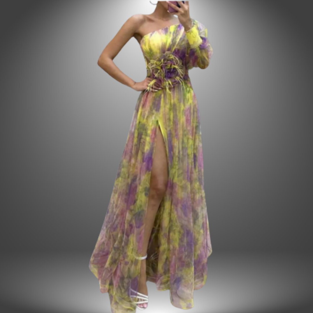 Majken® | Livlig One-Shoulder blomstret maxikjole