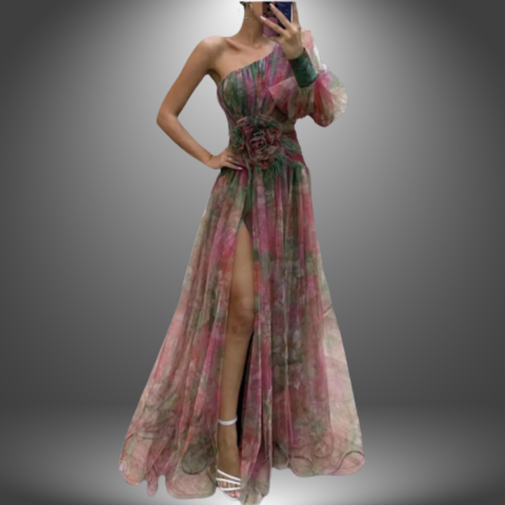 Majken® | Livlig One-Shoulder blomstret maxikjole
