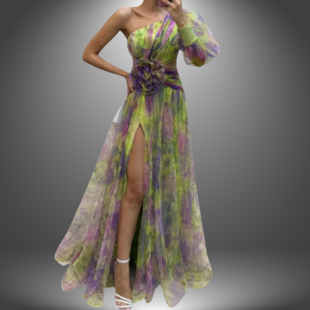 Majken® | Livlig One-Shoulder blomstret maxikjole