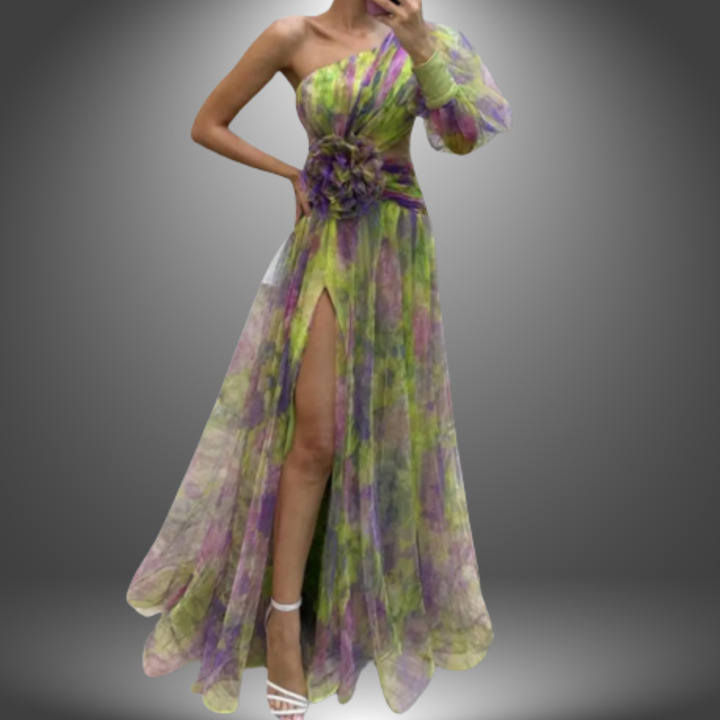 Majken® | Livlig One-Shoulder blomstret maxikjole