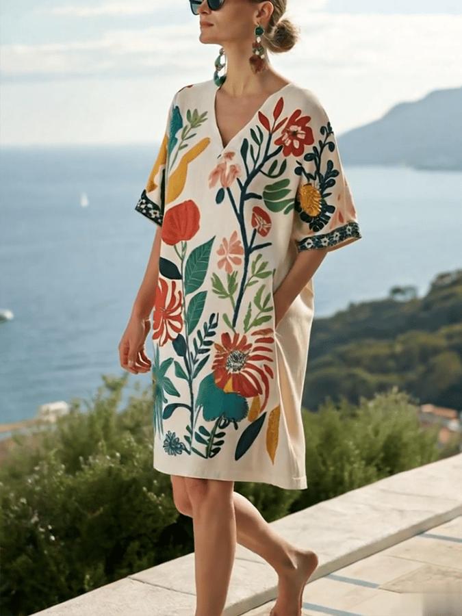 Tilde® | Elegant V-Hals Blomsterprint Mini Kjole
