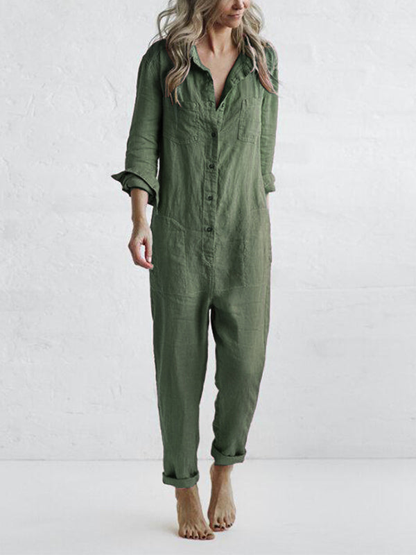 Kirstine® | Knaplukning Casual Jumpsuit med Krave og Lommer