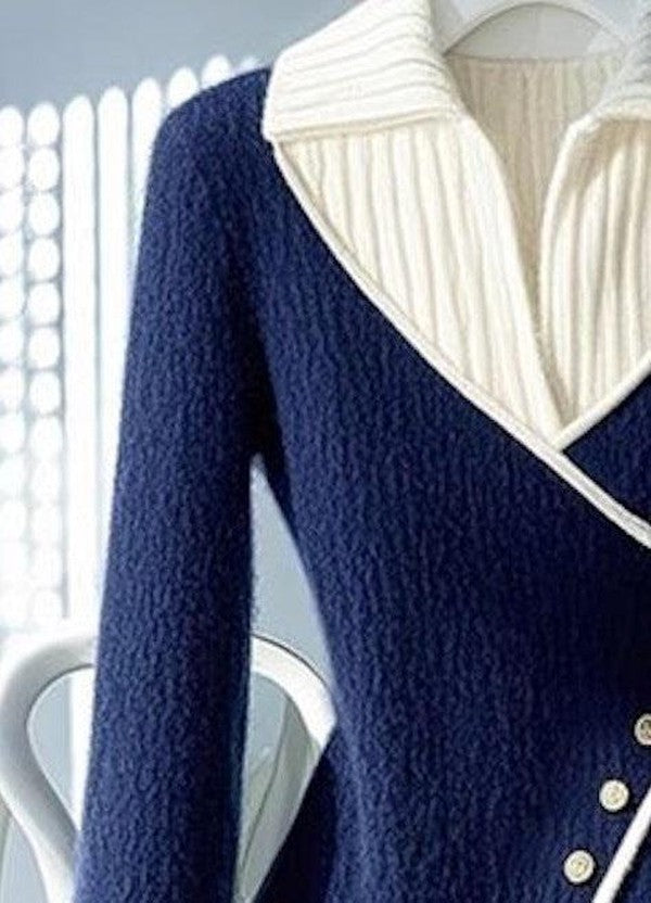 Stefania® | Blå V-hals sweater med farveblok