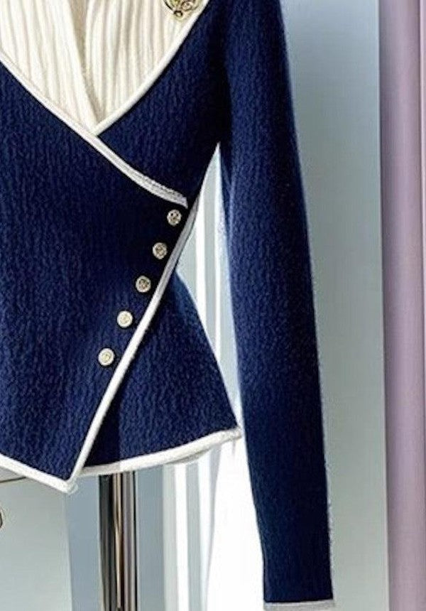 Stefania® | Blå V-hals sweater med farveblok