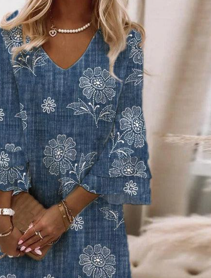 Selia® | Blå Blomsterprint 3/4 Ærme Mini Kjole