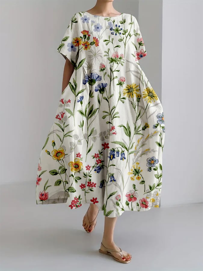 Emma® | Retro Botanisk Blomsterdesign Trykt Casual Løs Kjole