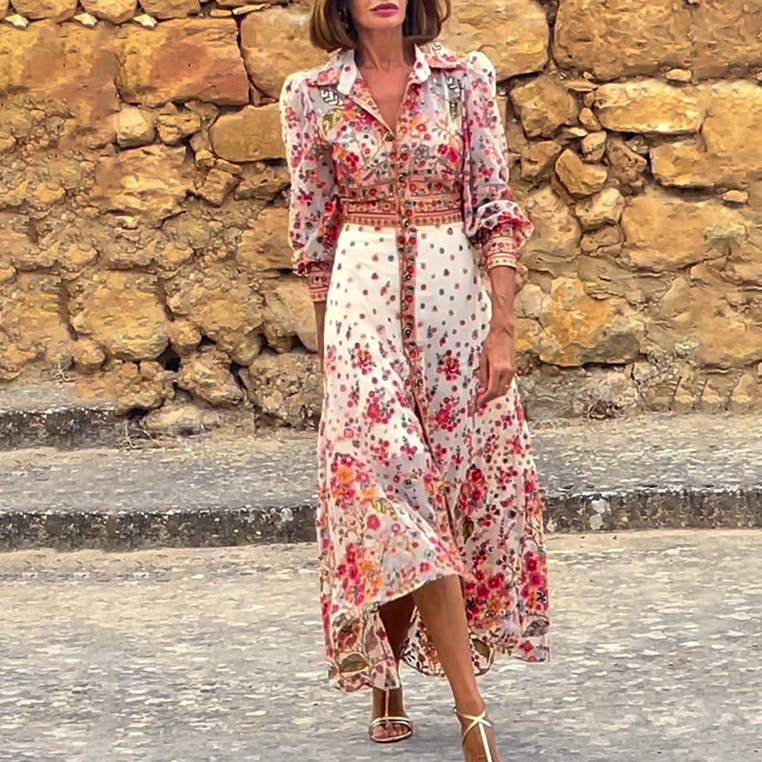 Frida® | Elegant Blomstret Print Krave Maxi Kjole