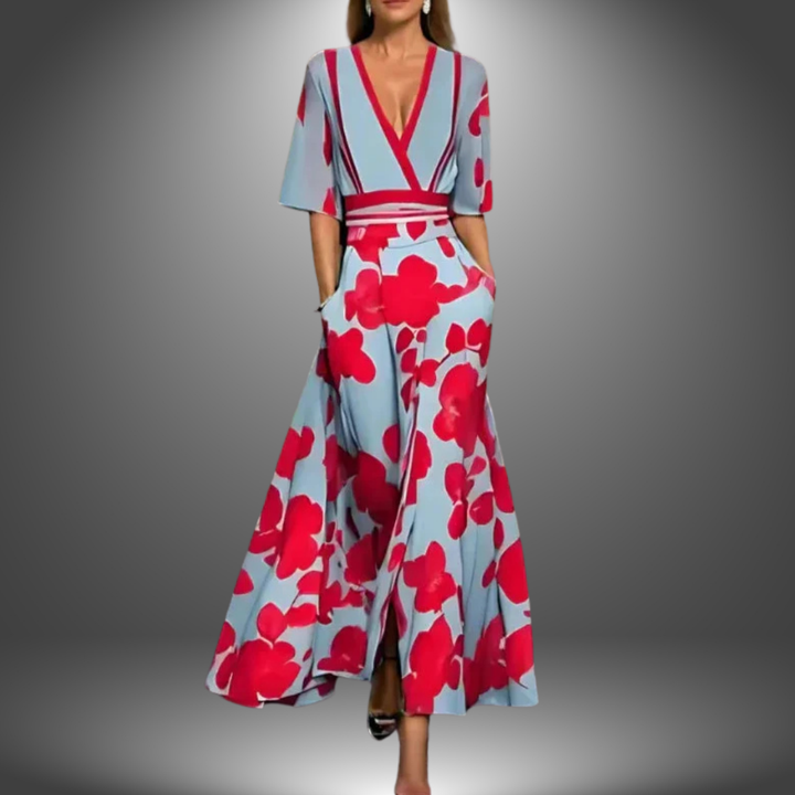Thyra® | Chic blomstret maxikjole med V-hals