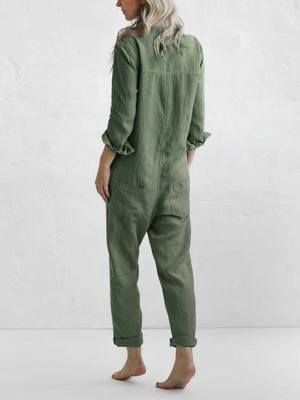 Kirstine® | Knaplukning Casual Jumpsuit med Krave og Lommer