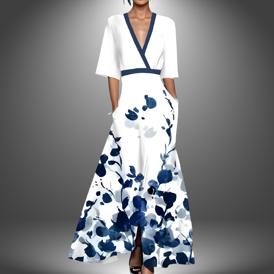 Thyra® | Chic blomstret maxikjole med V-hals