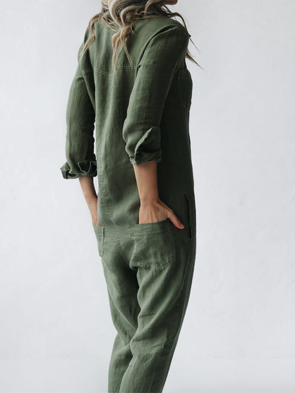 Kirstine® | Knaplukning Casual Jumpsuit med Krave og Lommer