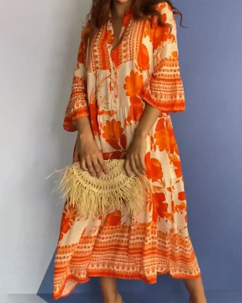 Lærke® | Lys Orange V-Hals Midi Kjole