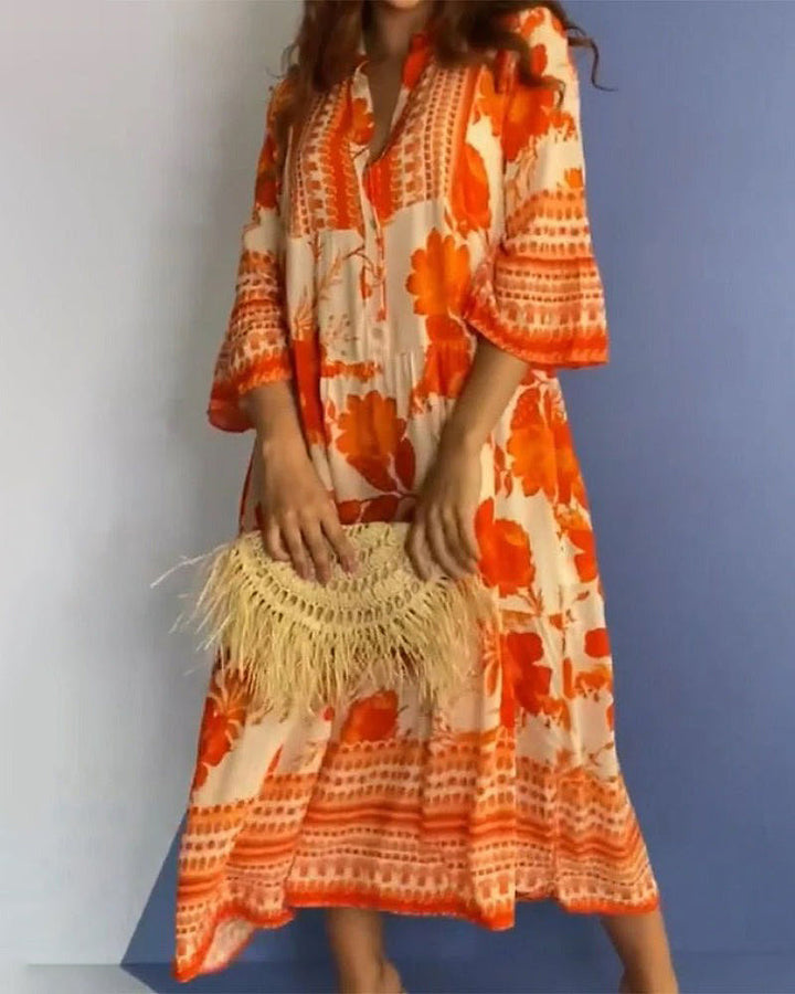 Lærke® | Lys Orange V-Hals Midi Kjole