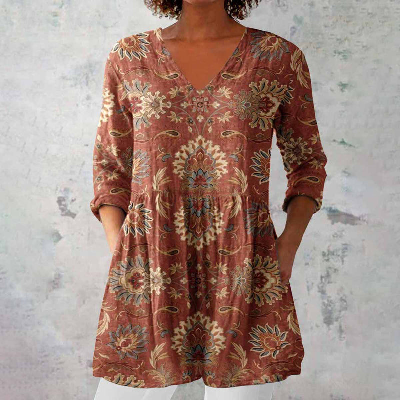 Josefine® | Vintage Bluse Med Etnisk Tryk