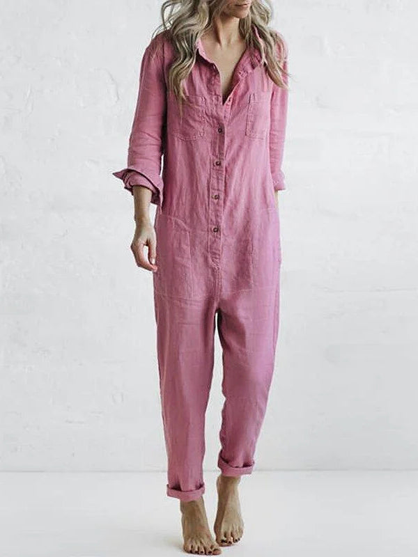 Kirstine® | Knaplukning Casual Jumpsuit med Krave og Lommer