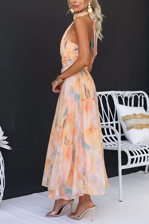 Dorit® | Halter Neck Åben Ryg Taljeret Akvarel Print Maxi Kjole