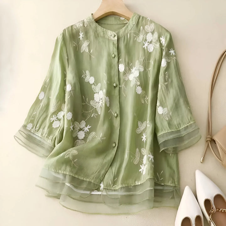 Signe® | Bomulds Top med Broderede Blomster