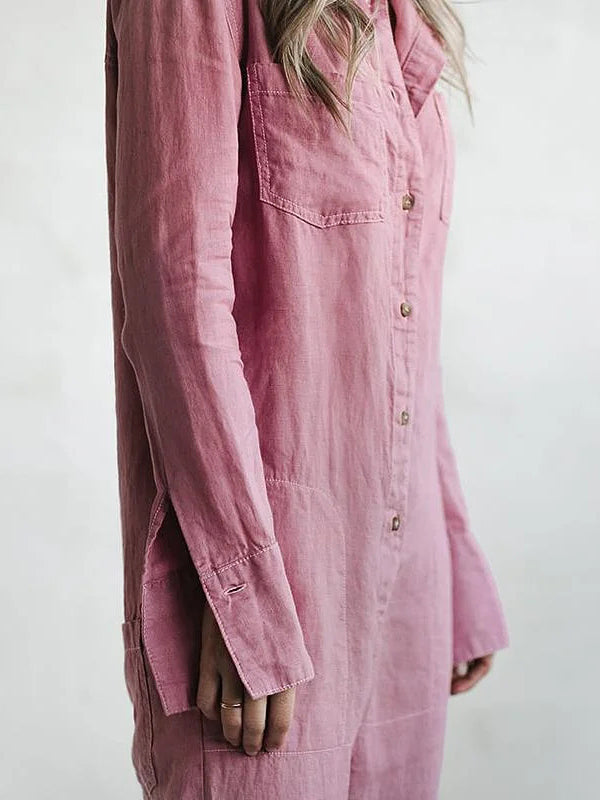 Kirstine® | Knaplukning Casual Jumpsuit med Krave og Lommer