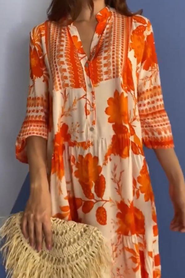 Lærke® | Lys Orange V-Hals Midi Kjole