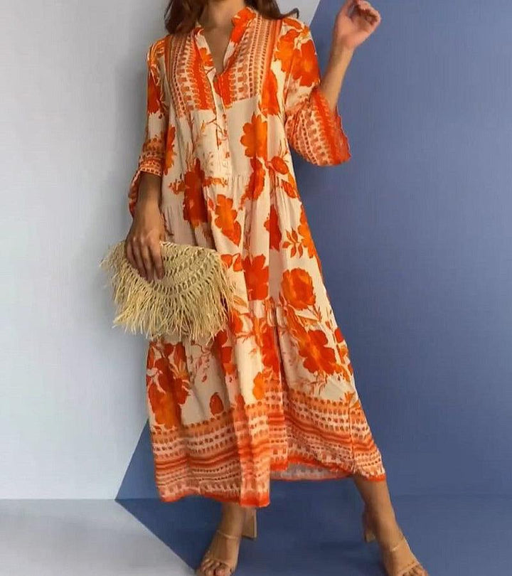 Lærke® | Lys Orange V-Hals Midi Kjole