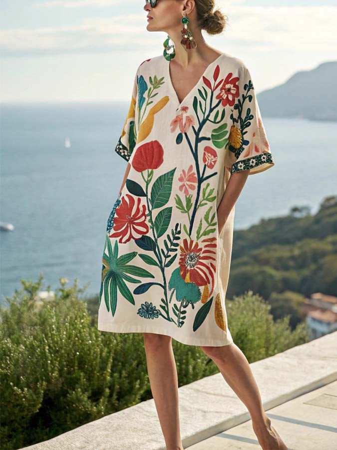 Tilde® | Elegant V-Hals Blomsterprint Mini Kjole