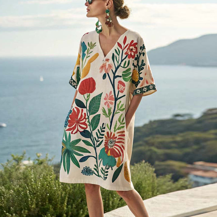 Tilde® | Elegant V-Hals Blomsterprint Mini Kjole