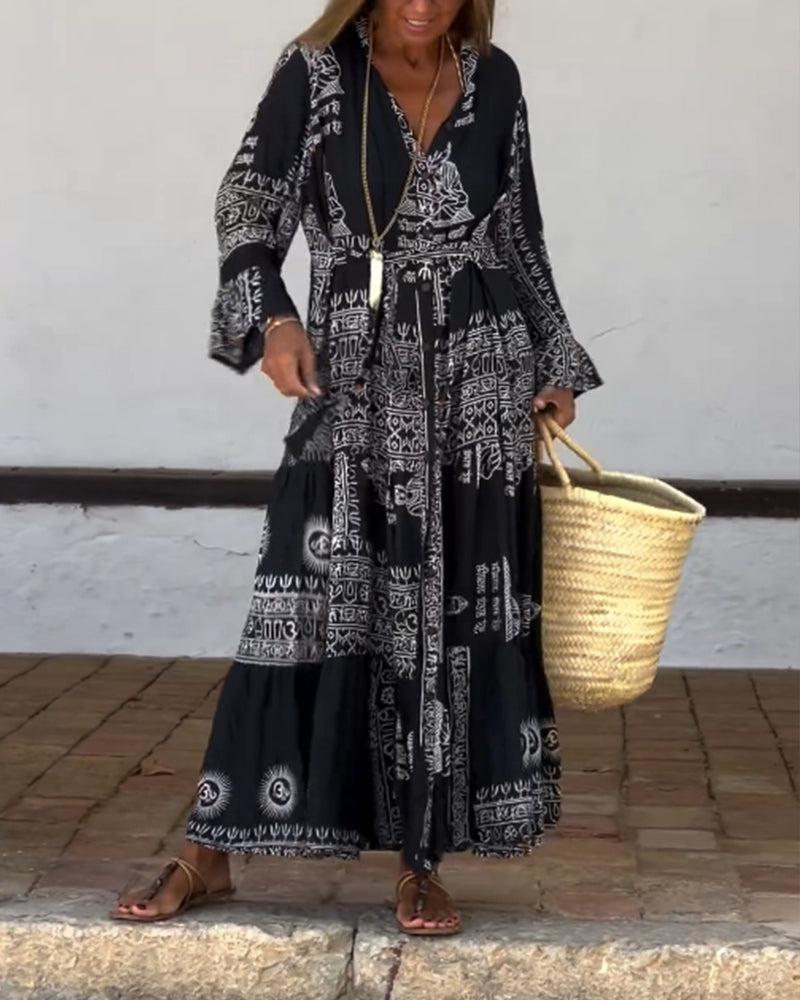 Thea® | Trendy V-Hals Bell Sleeve Maxi Kjole
