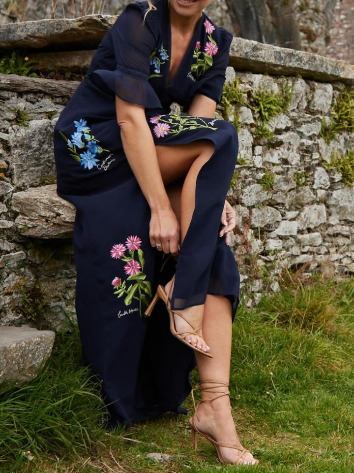Helle® | Marineblå Blomst Broderi Elegant Kjole