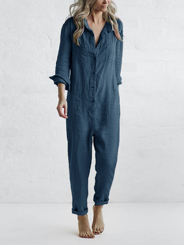Kirstine® | Knaplukning Casual Jumpsuit med Krave og Lommer