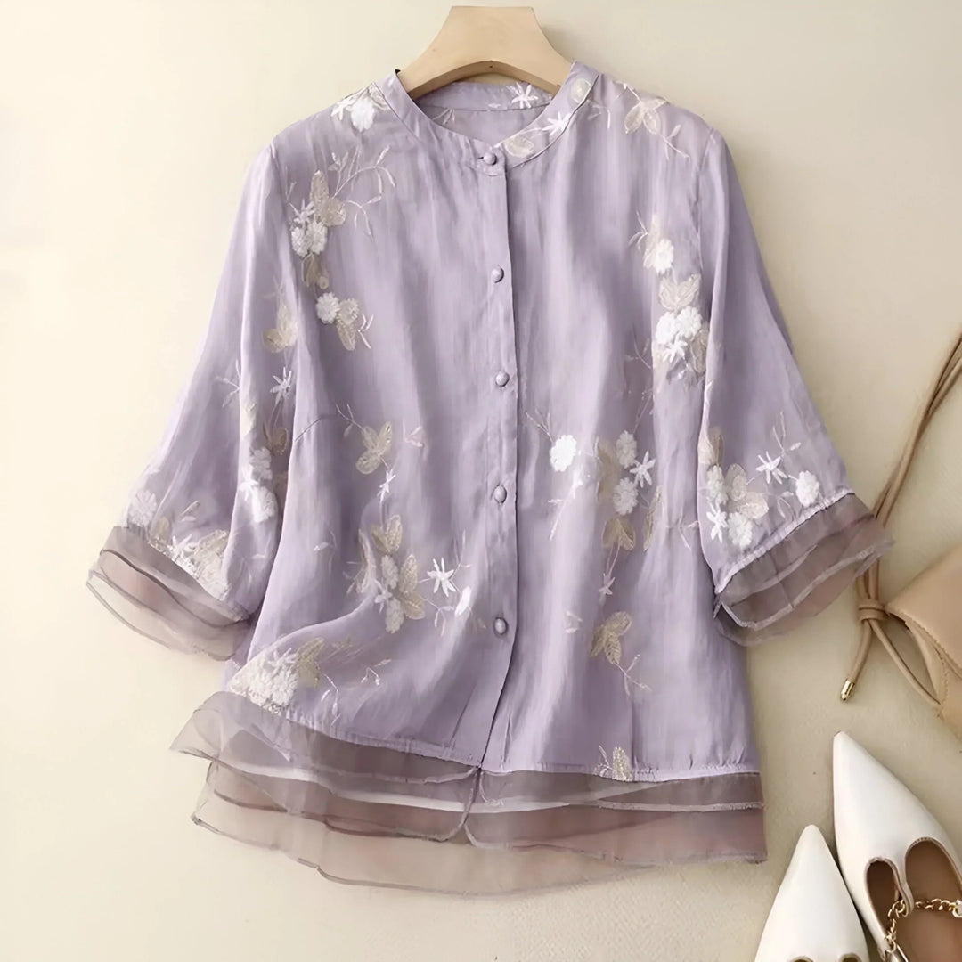 Signe® | Bomulds Top med Broderede Blomster