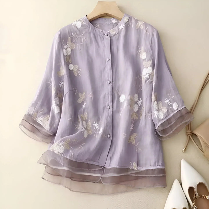 Signe® | Bomulds Top med Broderede Blomster
