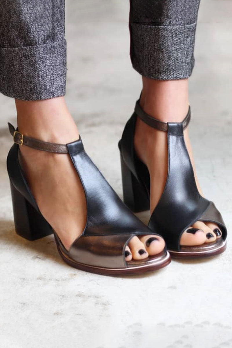 Thirina® | Sorte peep toe patchwork sandaler med hæl