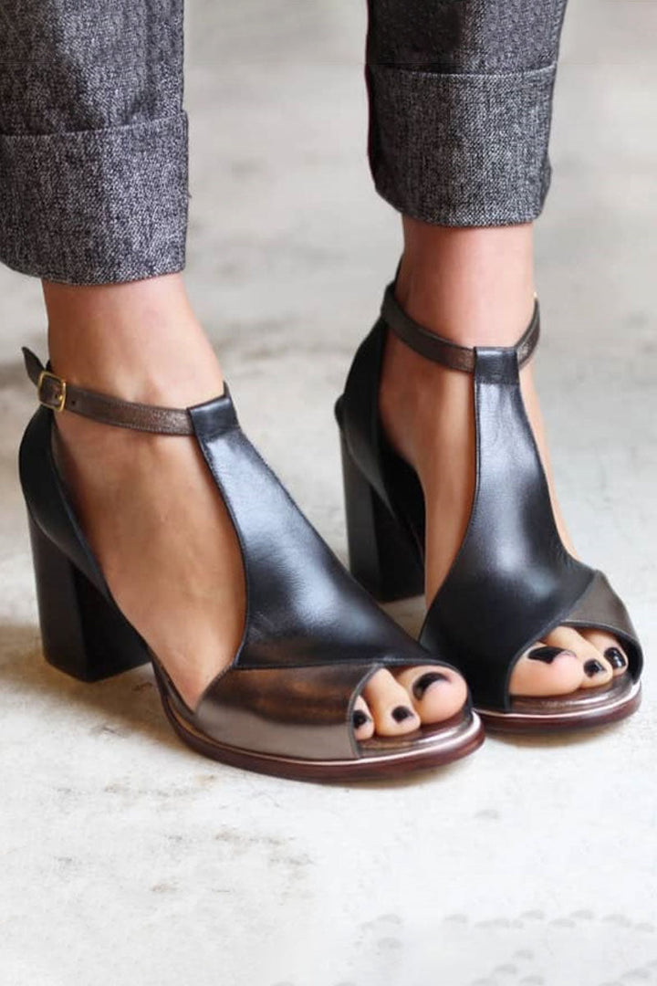 Thirina® | Sorte peep toe patchwork sandaler med hæl