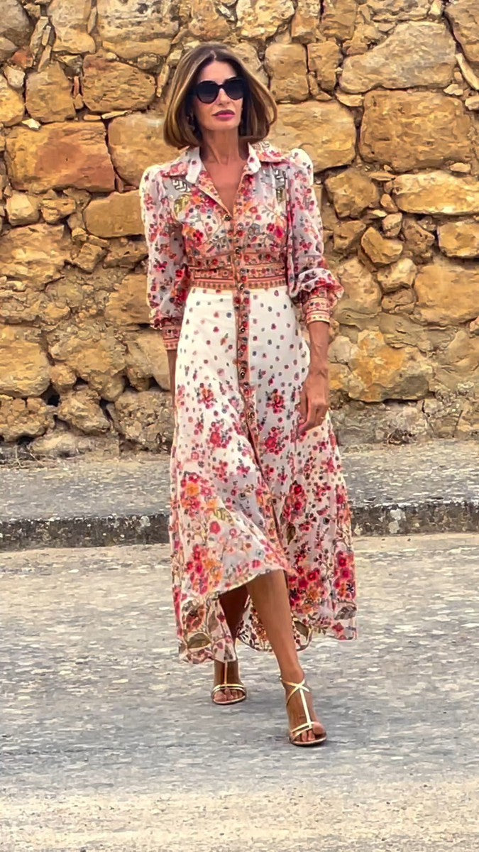 Frida® | Elegant Blomstret Print Krave Maxi Kjole