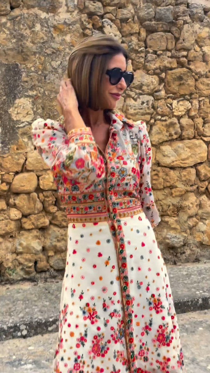Frida® | Elegant Blomstret Print Krave Maxi Kjole