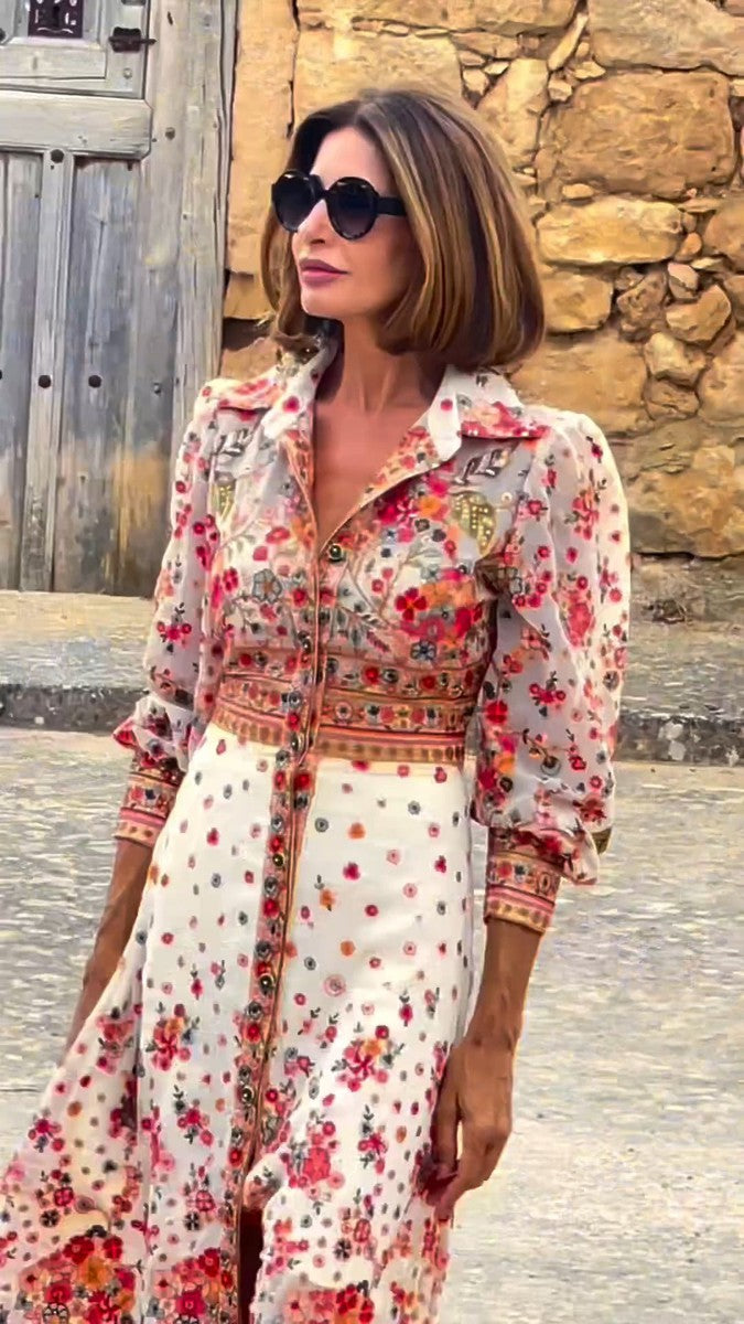 Frida® | Elegant Blomstret Print Krave Maxi Kjole