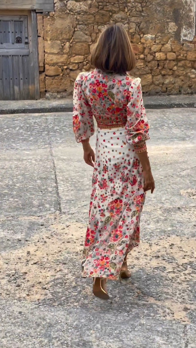 Frida® | Elegant Blomstret Print Krave Maxi Kjole