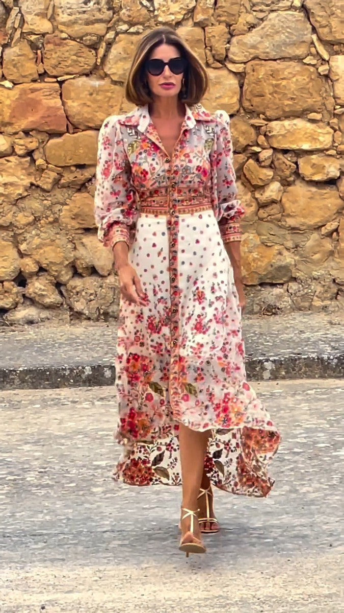 Frida® | Elegant Blomstret Print Krave Maxi Kjole