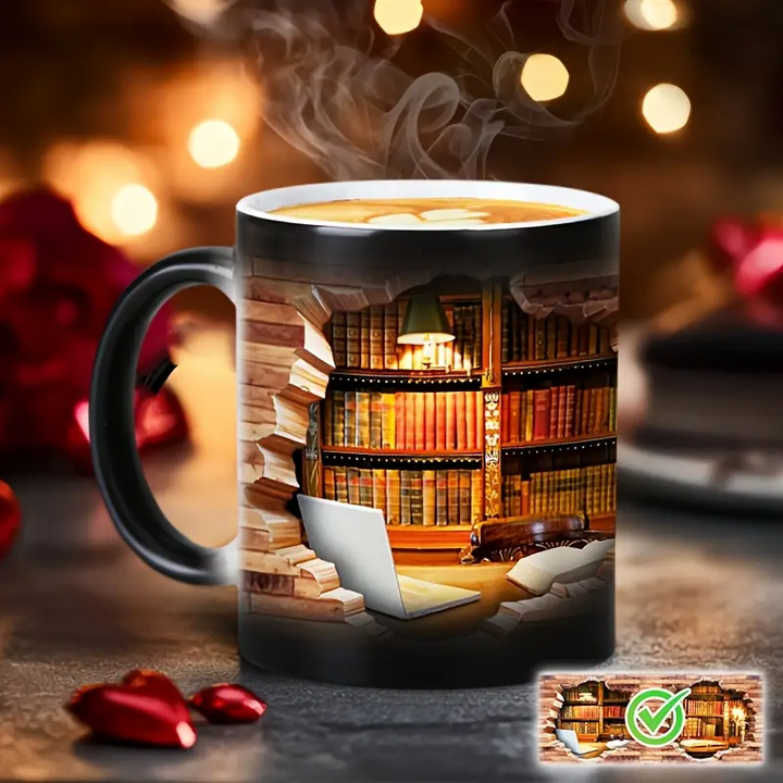Faynora® | Hyggelig Biblioteksflugt Varme-afsløring Keramikkrus - Magisk Bogreol Kaffe Krus