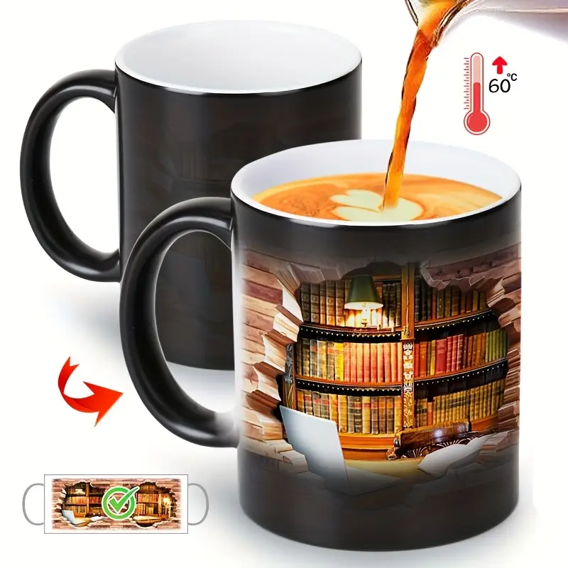 Faynora® | Hyggelig Biblioteksflugt Varme-afsløring Keramikkrus - Magisk Bogreol Kaffe Krus