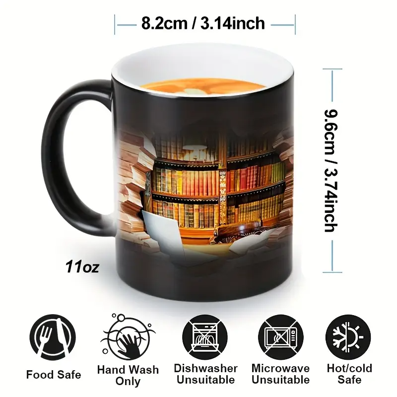 Faynora® | Hyggelig Biblioteksflugt Varme-afsløring Keramikkrus - Magisk Bogreol Kaffe Krus