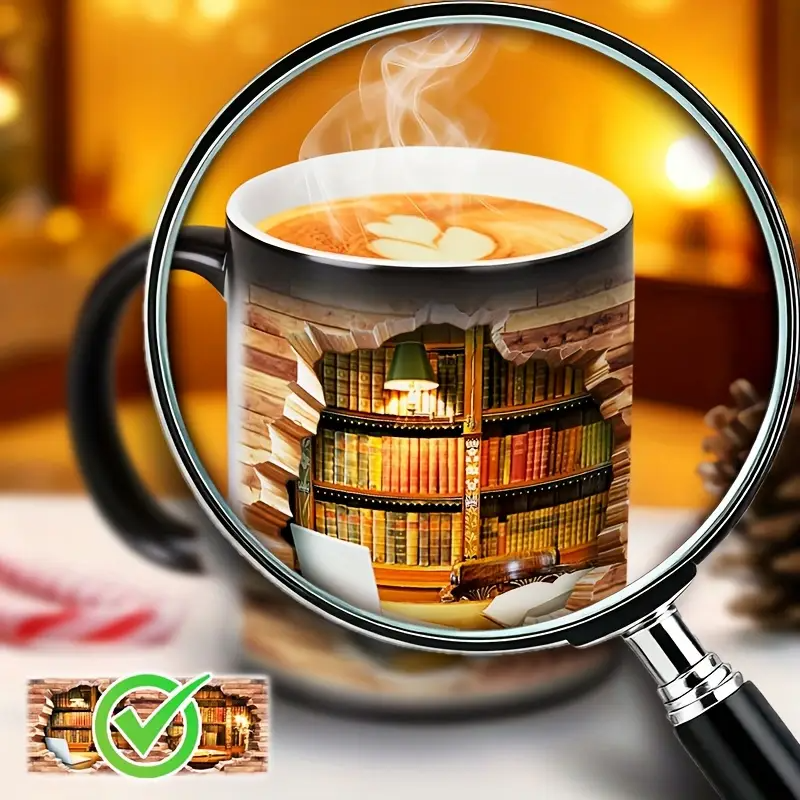 Faynora® | Hyggelig Biblioteksflugt Varme-afsløring Keramikkrus - Magisk Bogreol Kaffe Krus