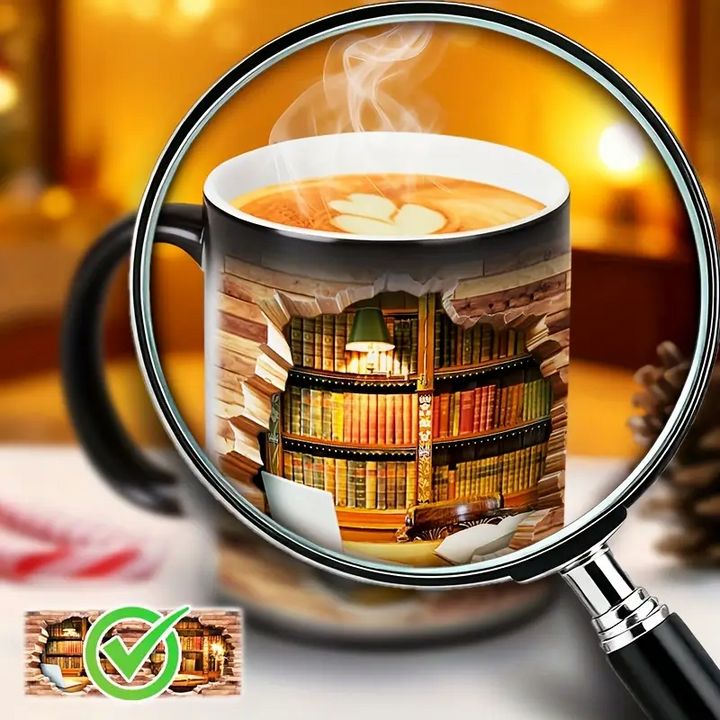Faynora® | Hyggelig Biblioteksflugt Varme-afsløring Keramikkrus - Magisk Bogreol Kaffe Krus
