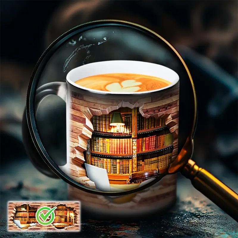 Faynora® | Hyggelig Biblioteksflugt Varme-afsløring Keramikkrus - Magisk Bogreol Kaffe Krus