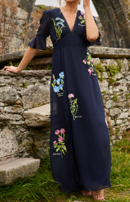Helle® | Marineblå Blomst Broderi Elegant Kjole