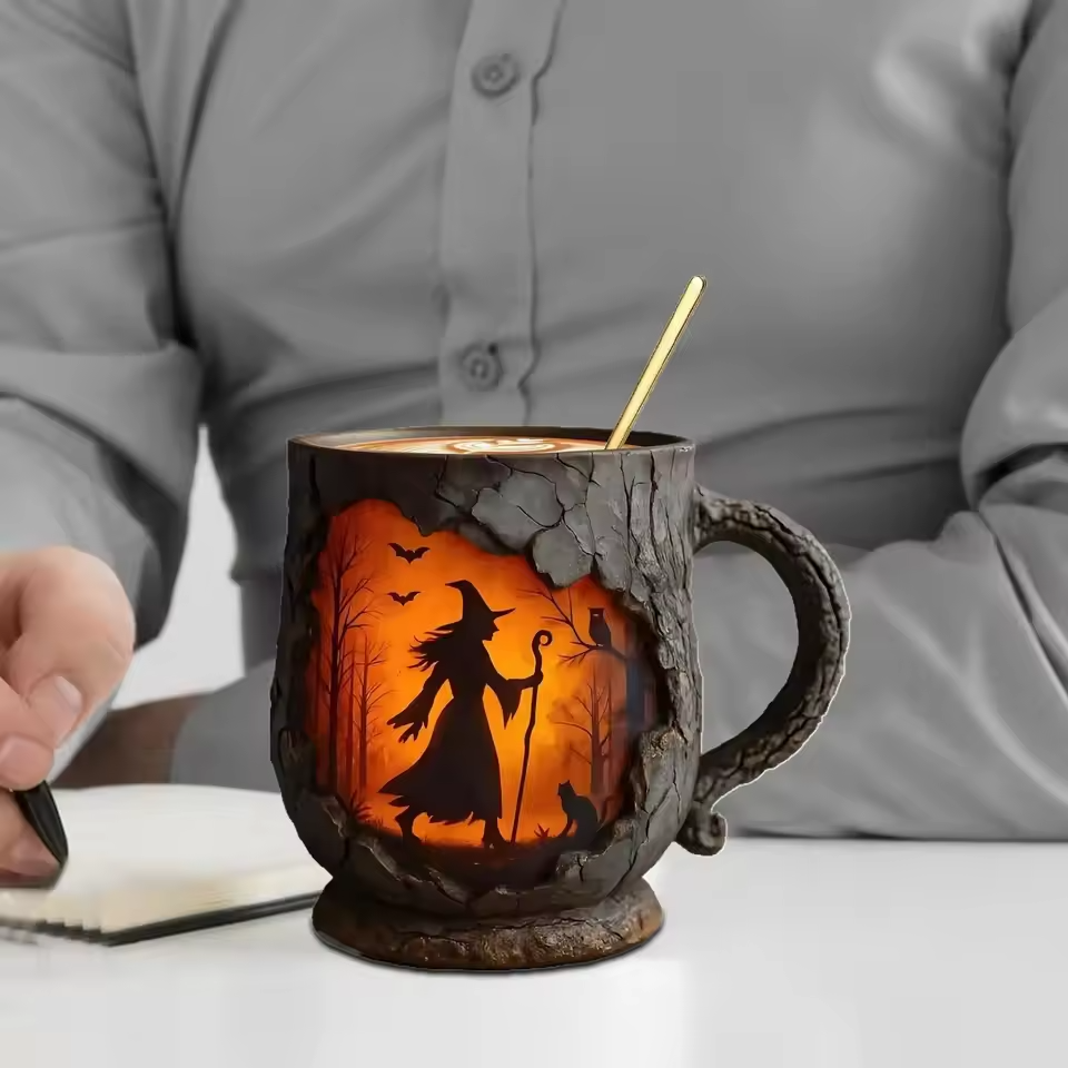 Ceralune® | Håndlavet 3D Halloween Sjov Krus – Heks & Kat Design
